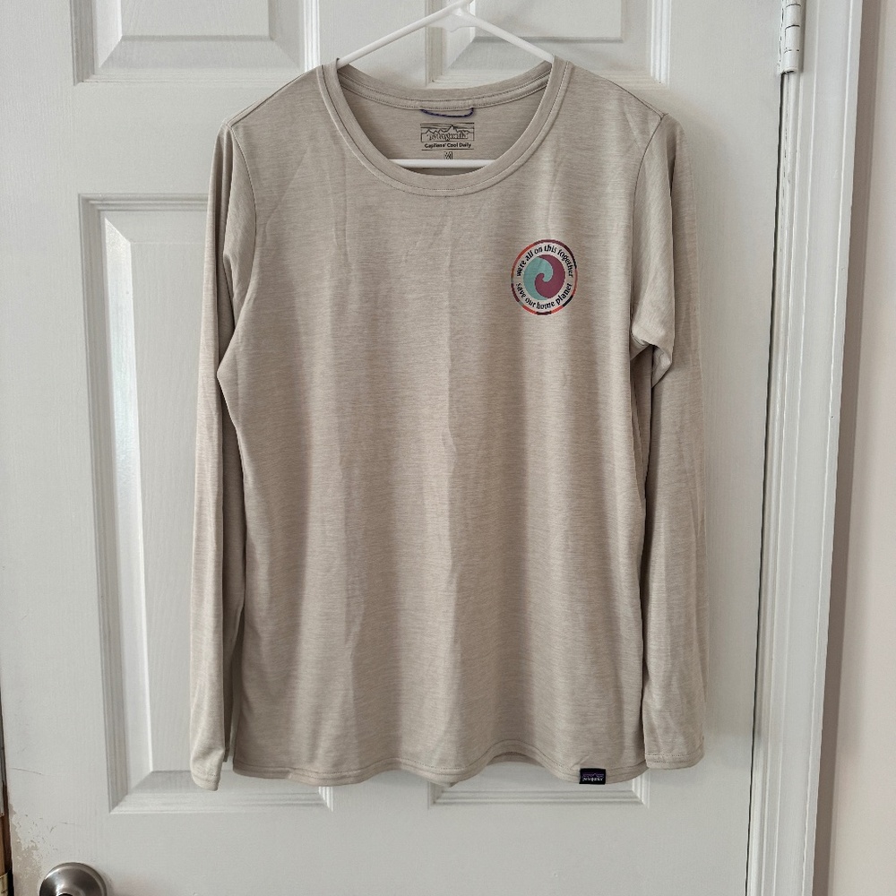 Patagonia Long Sleeve Tee in Light Beige with Pink/Green Logo